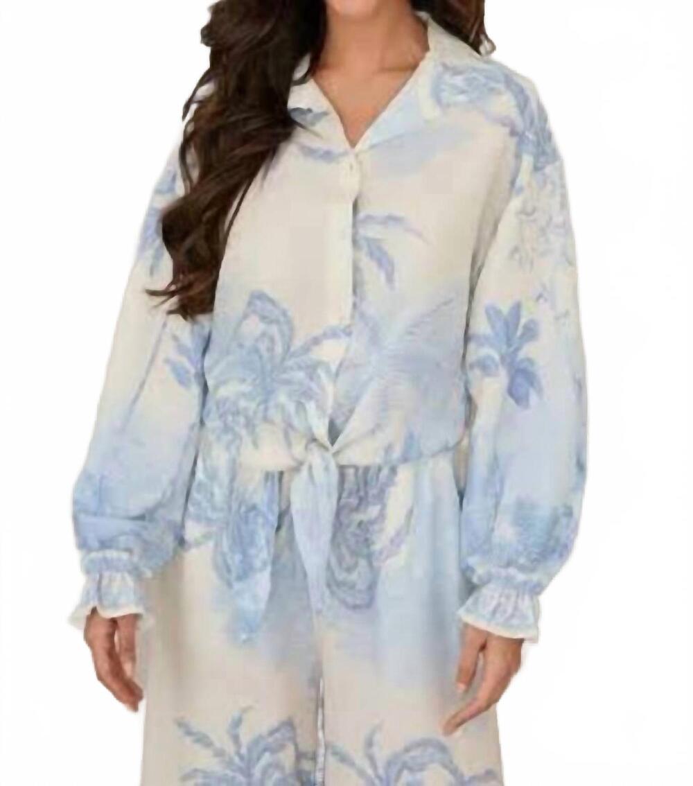 NEW MILIO MILANO tropical palm tree button down tie top in cream/blue